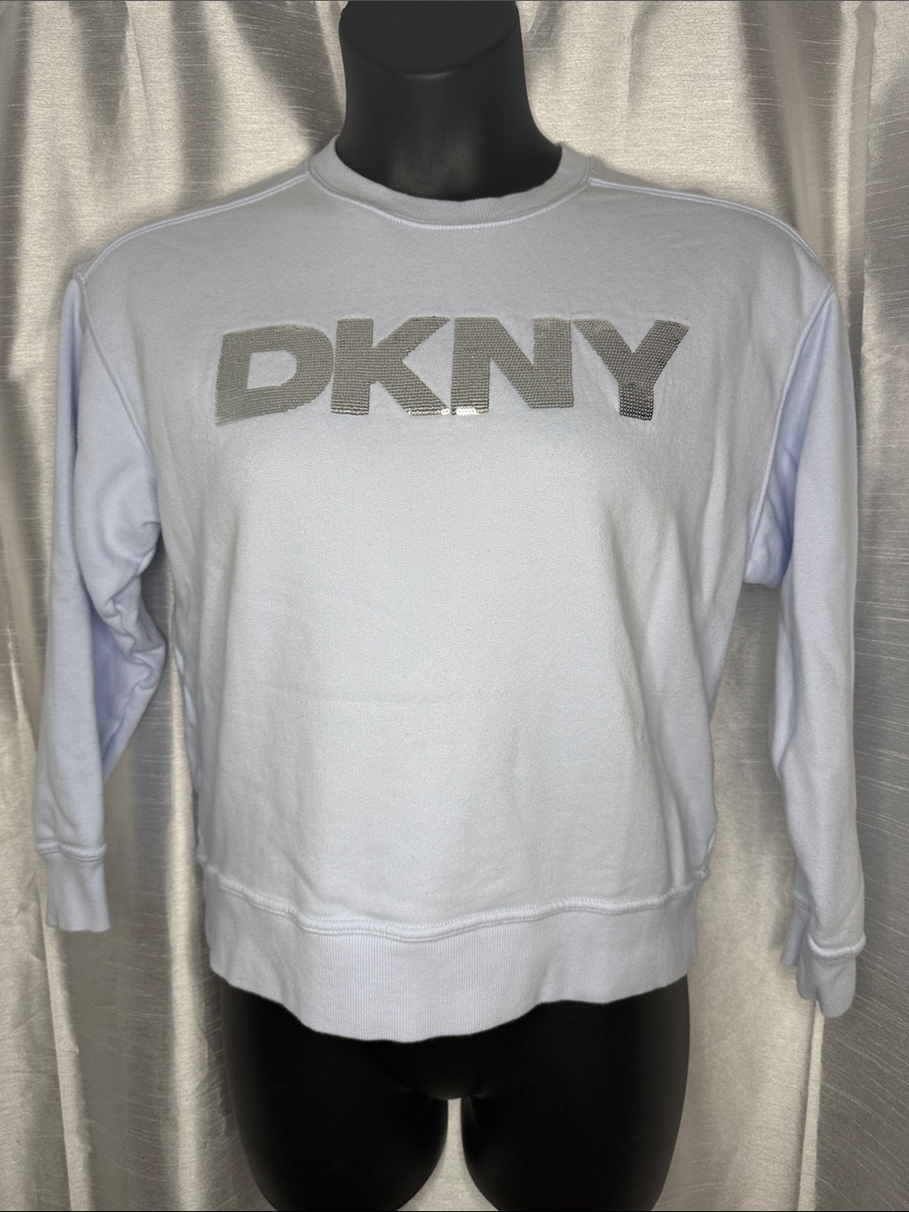 DKNY Jeans Crewneck Pullover Sweatshirt Light Blue Sequins Logo Women’s S